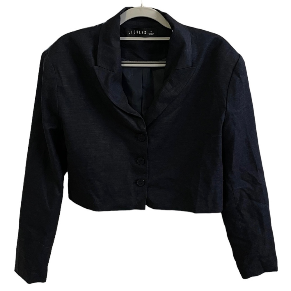 Lioness Sz S Women’s Navy Cropped Linen Blazer Jacket Y2K Dark Blue Long sleeves